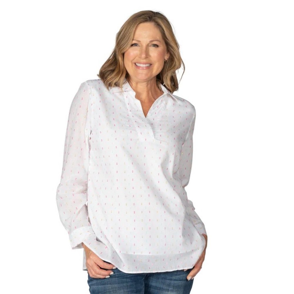 Linda Anderson Woman's Size Medium M Multi Dot Metallic Popover Blouse Top Shirt